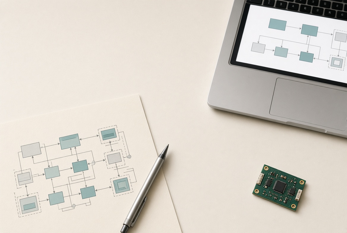 Desk with a system diagram, laptop and a small circuit board