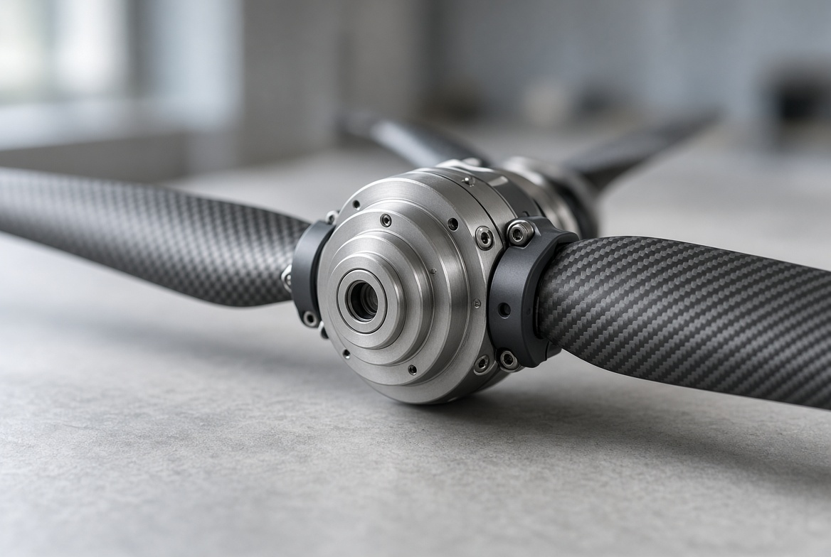 Precision rotor hub and carbon-fibre blades on a workbench